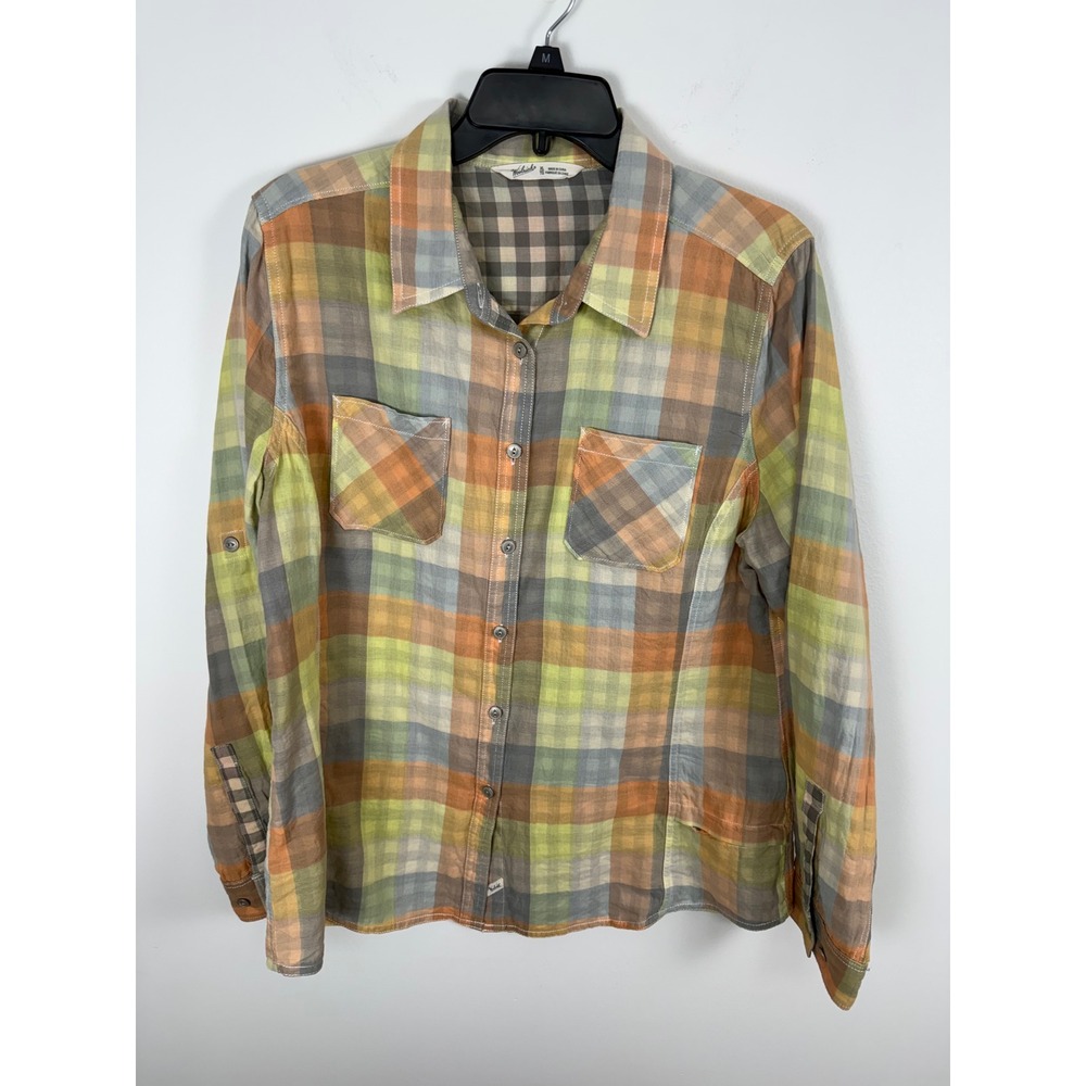 Woolrich Womens XL Organic Cotton multicolor plaid grid rustic Button down Shirt